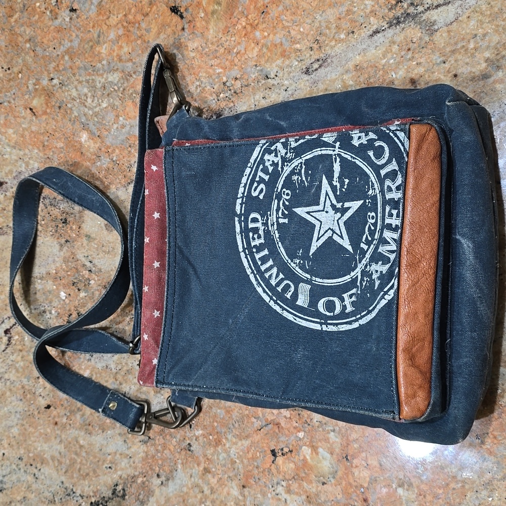 Mona B cross body purse messenger bag denim and leather stars 1776 USA